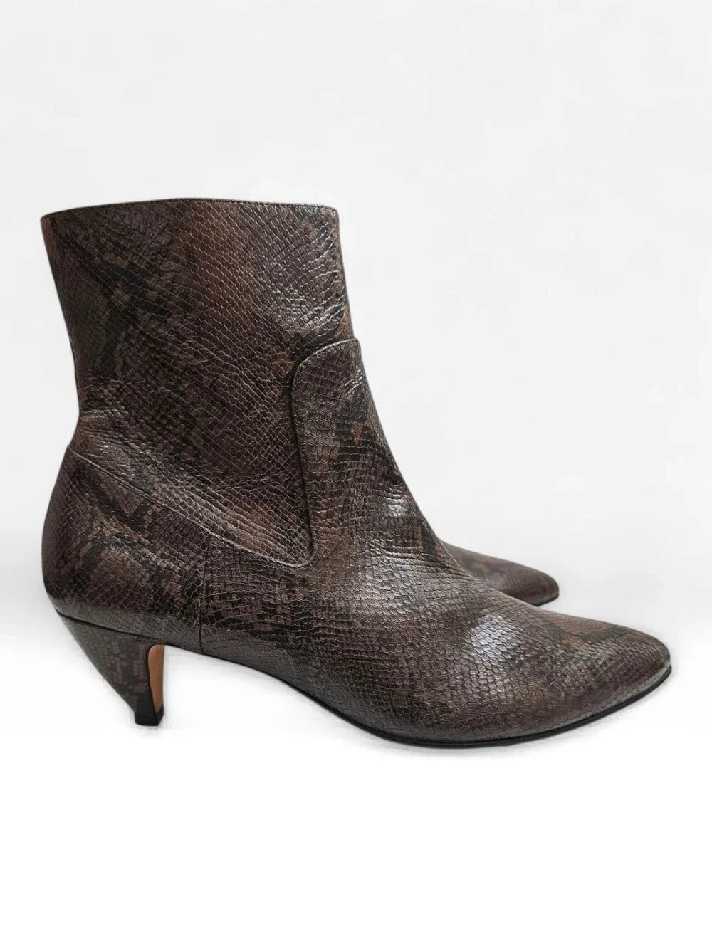VINCE Meta Brown Snake Print Leather Pointed Toe Kitten Heel Ankle Booties 8.5M